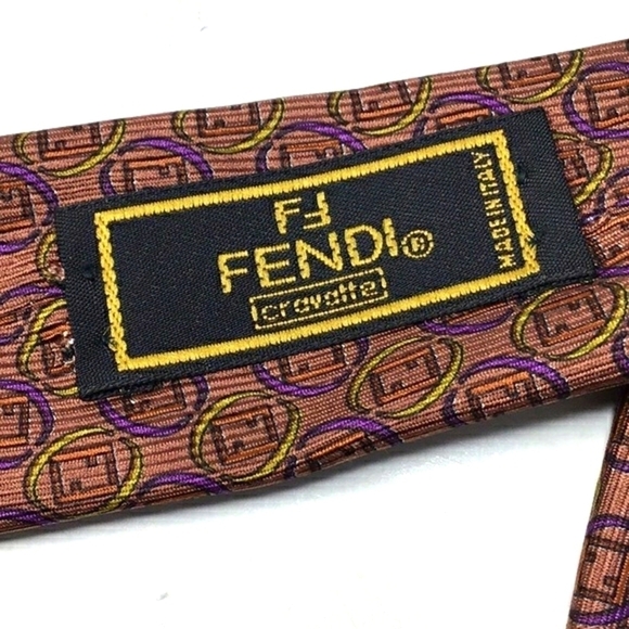 FENDI VINTAGE Copper With Gold and Purple Rings around Logo Print Silk Tie - Picture 9 of 15